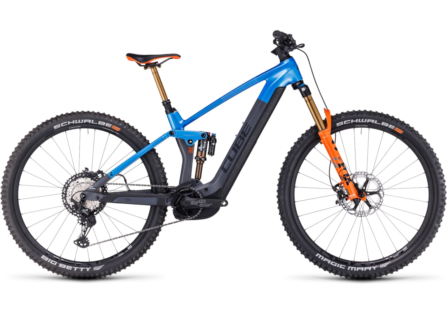 Cube Stereo Hybrid 140 HPC Actionteam 750 eMTB full Suspension side profile on Fly Rides