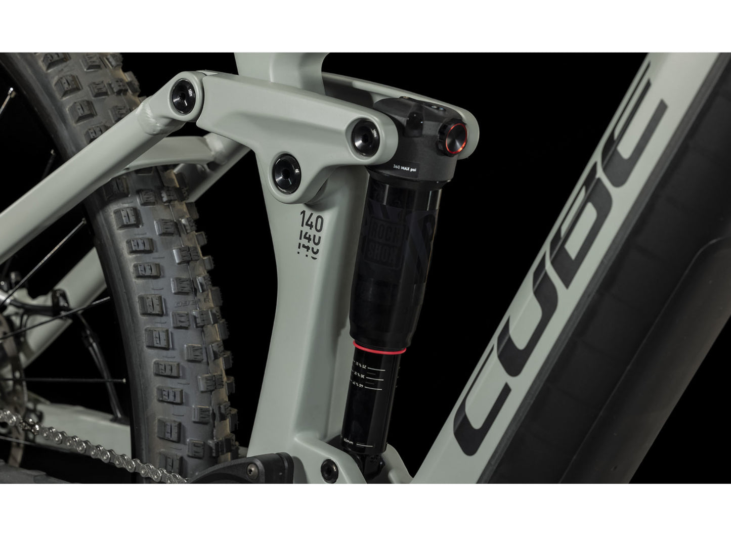 Cube Stereo Hybrid 140 HPC Pro 625 eMTB full Suspension closeup RockShox rear shock