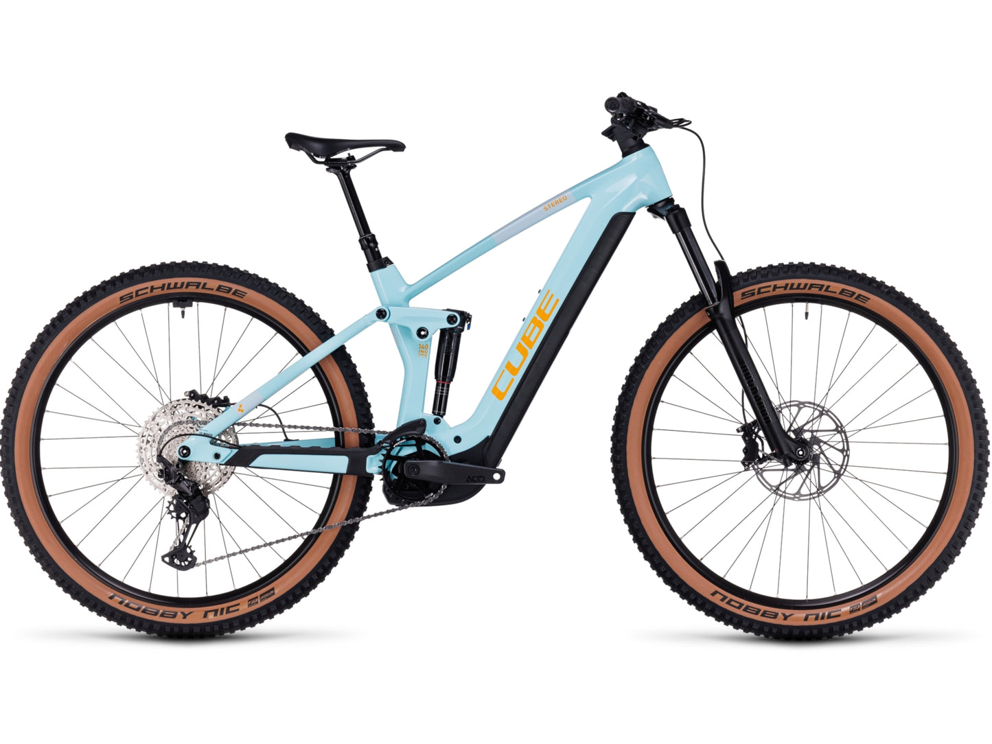 Cube Stereo Hybrid 140 HPC Race 625 eMTB full Suspension dazzle n orange side on Fly Rides