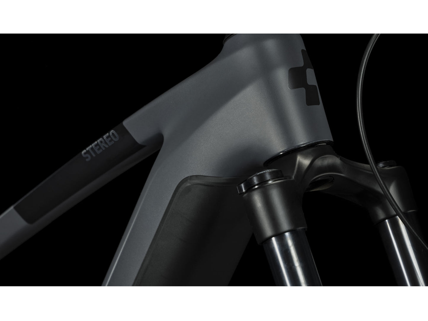 Cube Stereo Hybrid 140 HPC Race 625 eMTB full Suspension grey n chrome closeup RockShox fork