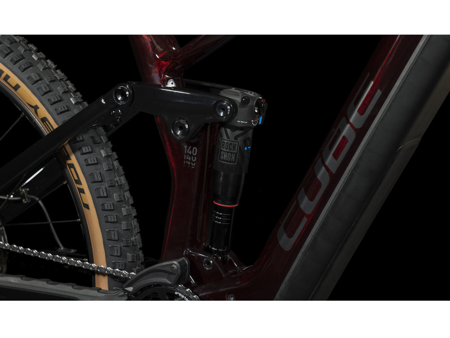 Cube Stereo Hybrid 140 HPC Race 625 eMTB full Suspension liquidred n black closeup RockShox rear shock linkage