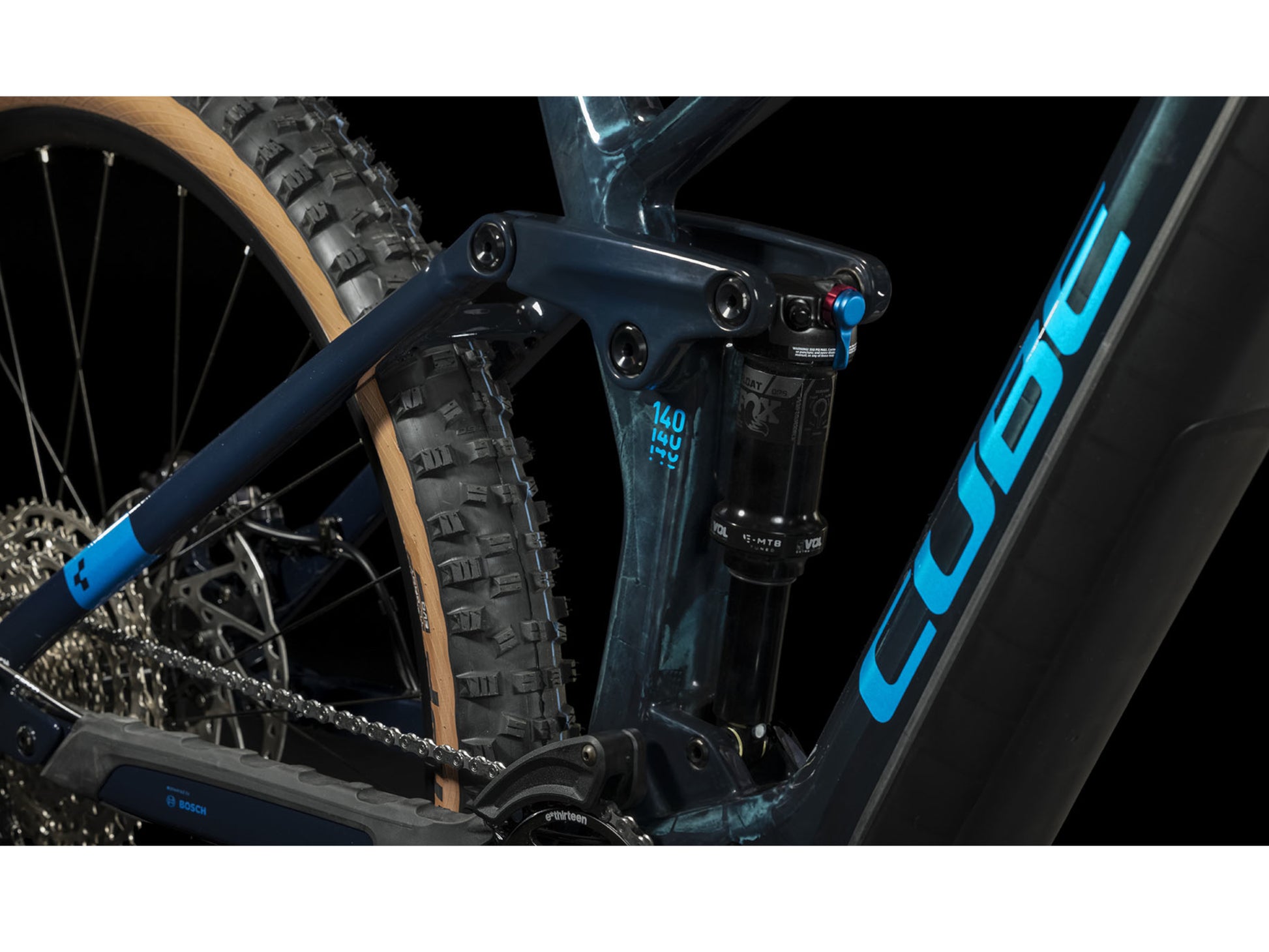 Cube Stereo Hybrid 140 HPC SLX 750 eMTB full Suspension closeup Fox Float DPS EVO rear shock linkage