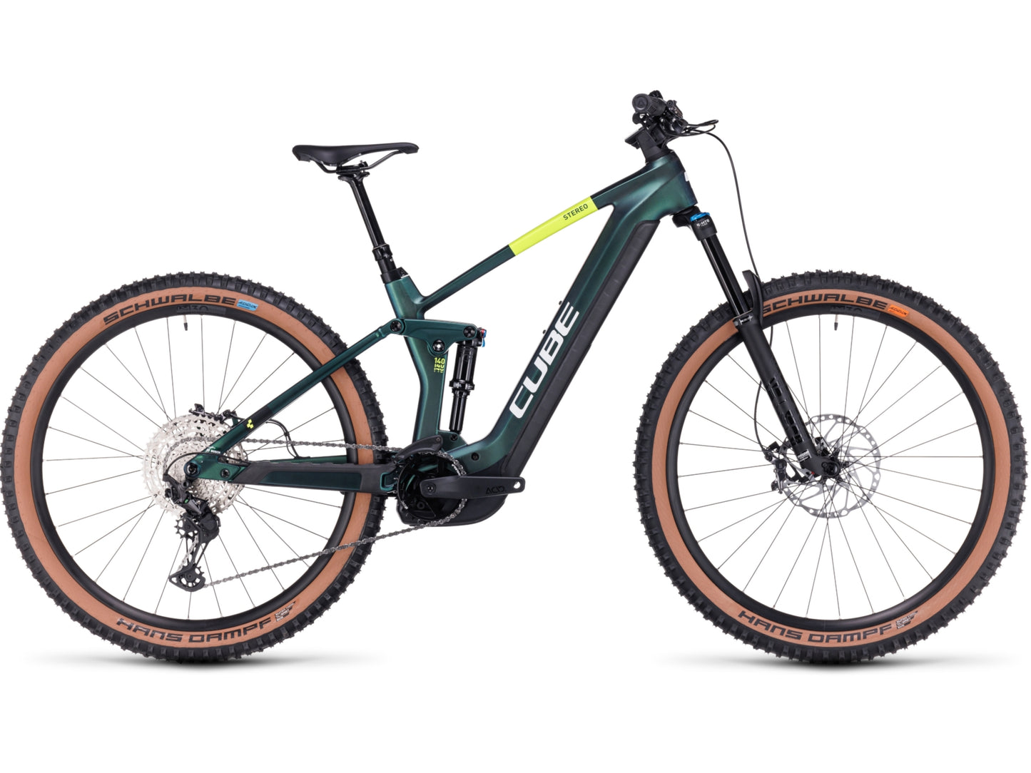 Cube Stereo Hybrid 140 HPC SLX 750 eMTB full Suspension goblin n yellow side on Fly Rides