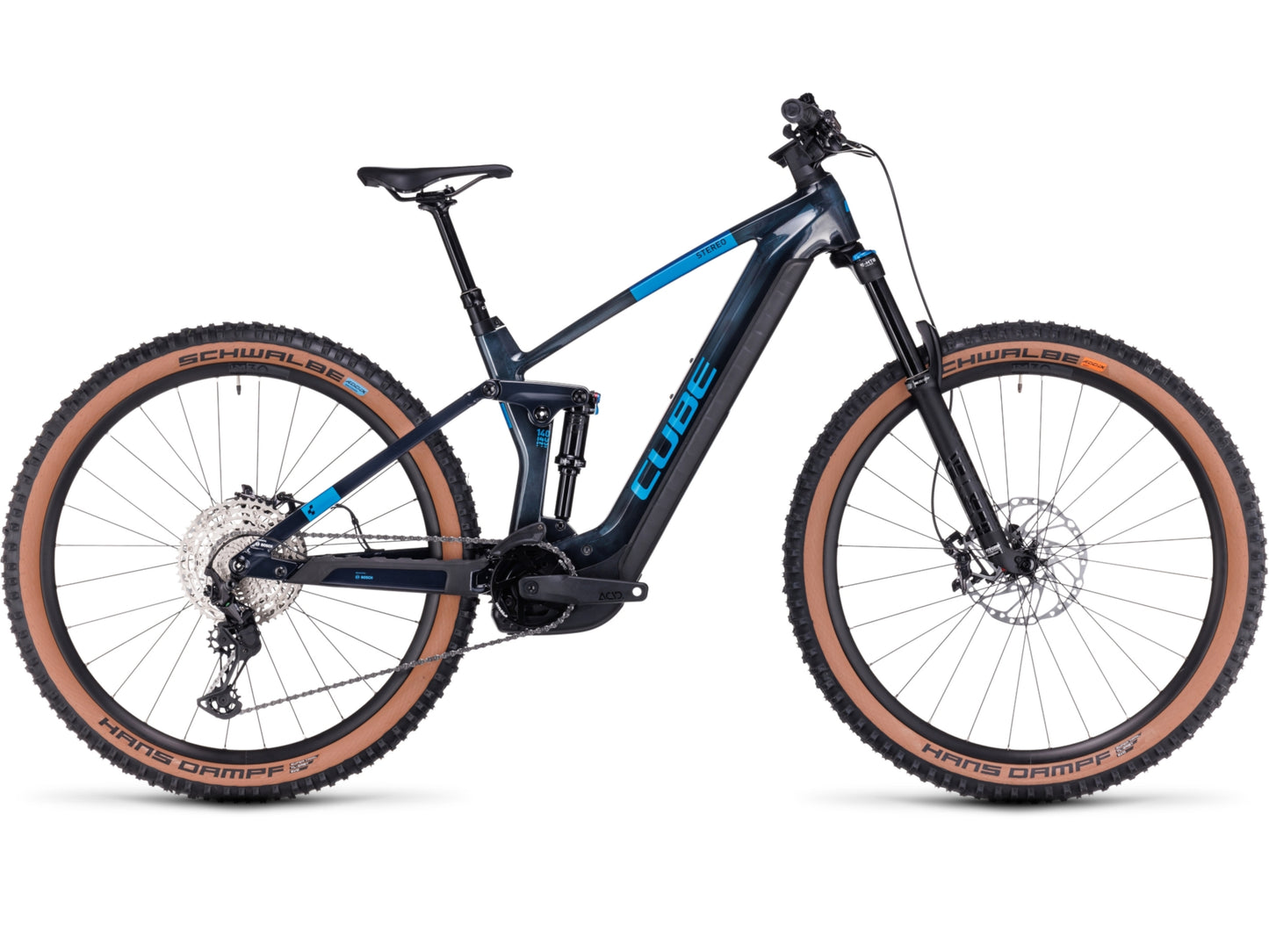 Cube Stereo Hybrid 140 HPC SLX 750 eMTB full Suspension liquidblue n blue side on Fly Rides