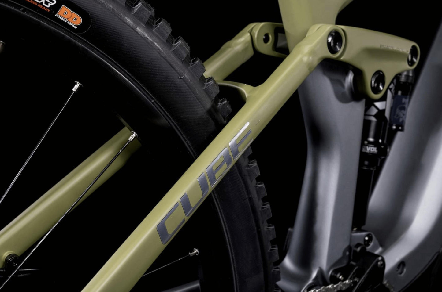 Cube Stereo Hybrid 140 HPC TM 750 electric mountain bike flashgray and olive rear frame on Fly Rides