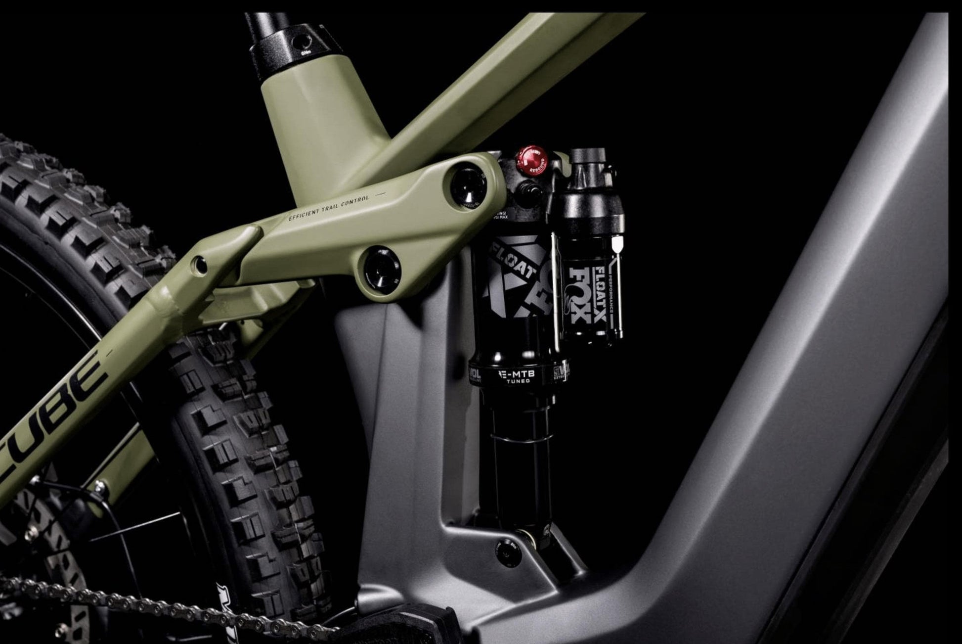 Cube Stereo Hybrid 140 HPC TM 750 electric mountain bike flashgray and olive rear suspension on Fly Rides