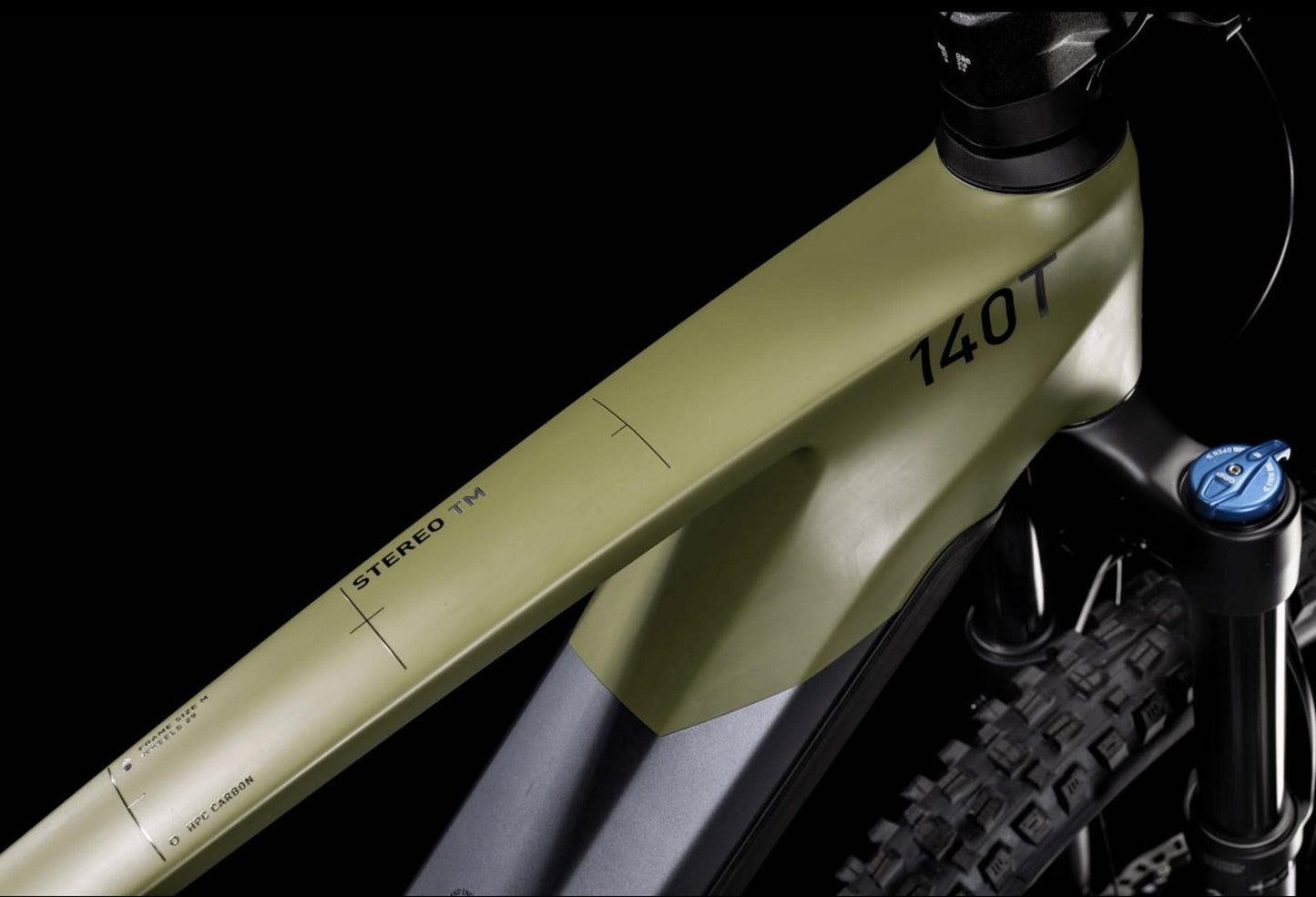 Cube Stereo Hybrid 140 HPC TM 750 electric mountain bike flashgray and olive top tube on Fly Rides
