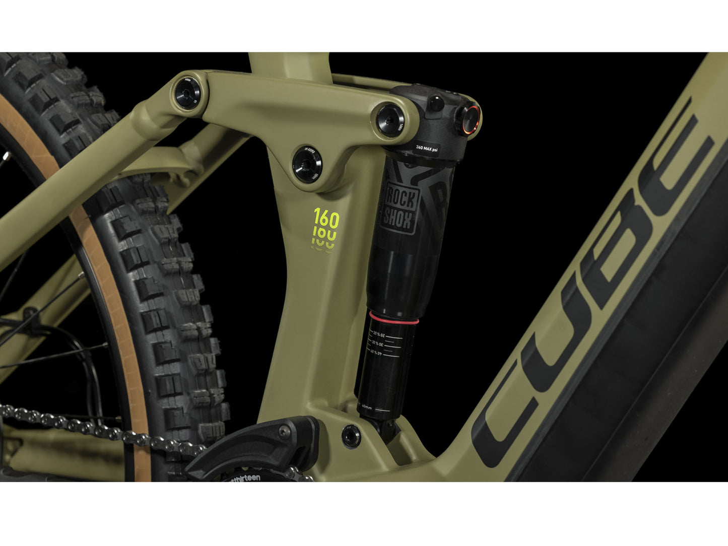 Cube Stereo Hybrid 160 HPC Race 625 eMTB full Suspension closeup RockShox Deluxe Select rear shock triangle