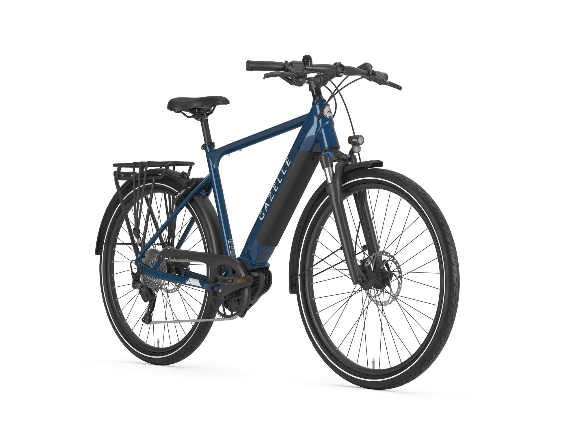 Gazelle Medeo T10+ High Step mallard blue side and front view on Fly Rides