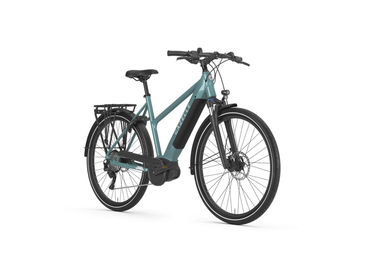 Gazelle Medeo T10 Mid Step jeans gloss side and front view on Fly Rides
