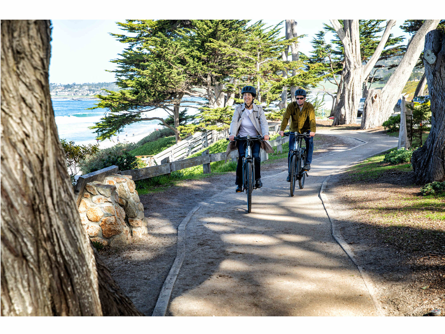 Gazelle Ultimate C380+ High Step industry grey matte action photo of couple riding in park