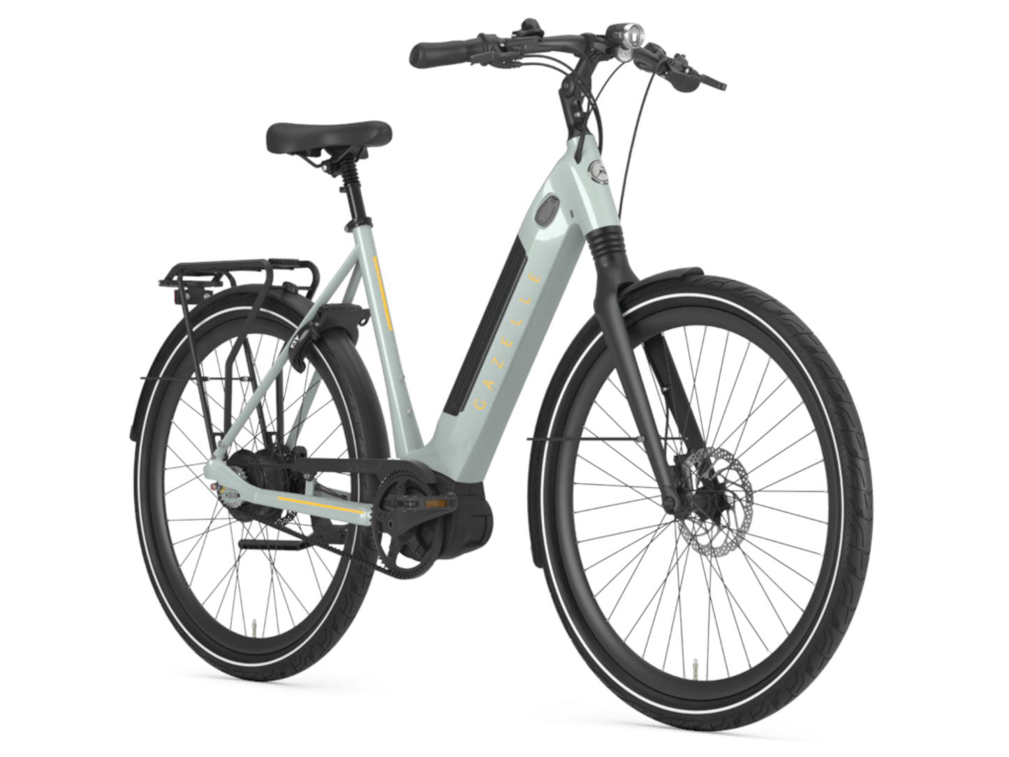 Gazelle Ultimate C380 Low Step eMTB hard tail light olive front side profile on Fly Rides