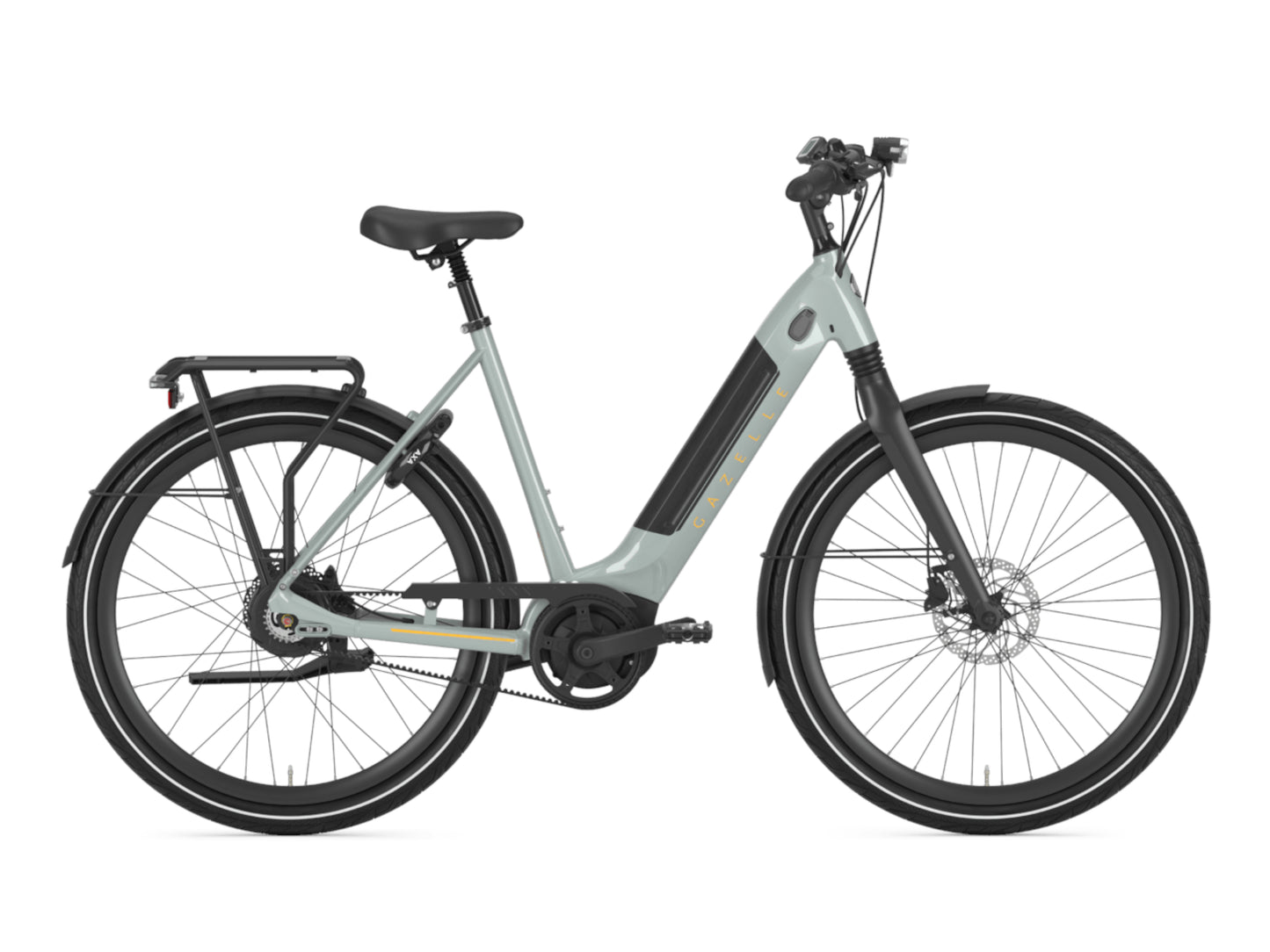 Gazelle Ultimate C380 Low Step eMTB hard tail light olive side profile on Fly Rides