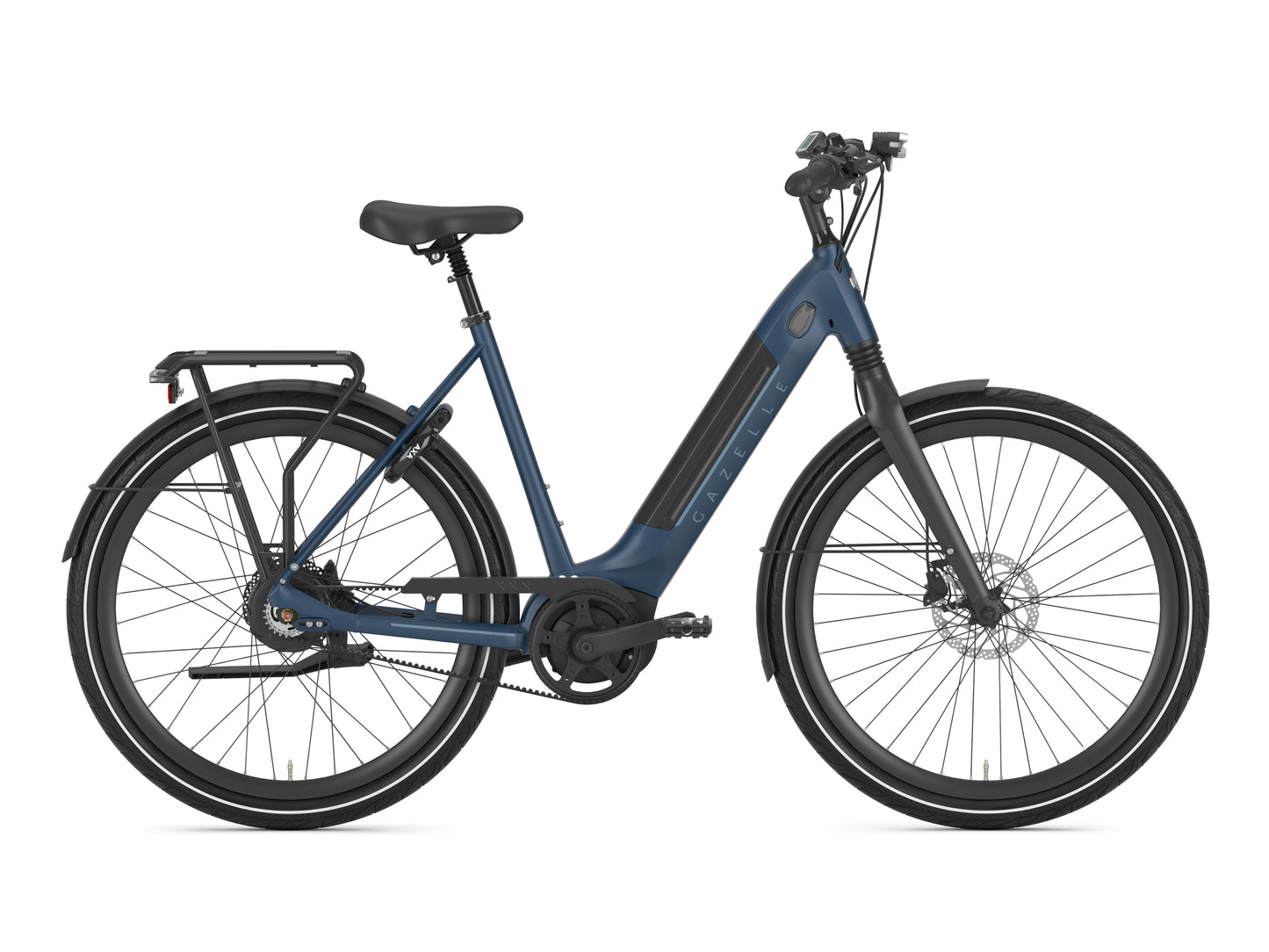 Gazelle Ultimate C380 Low Step eMTB hard tail mallard blue side profile on Fly Rides