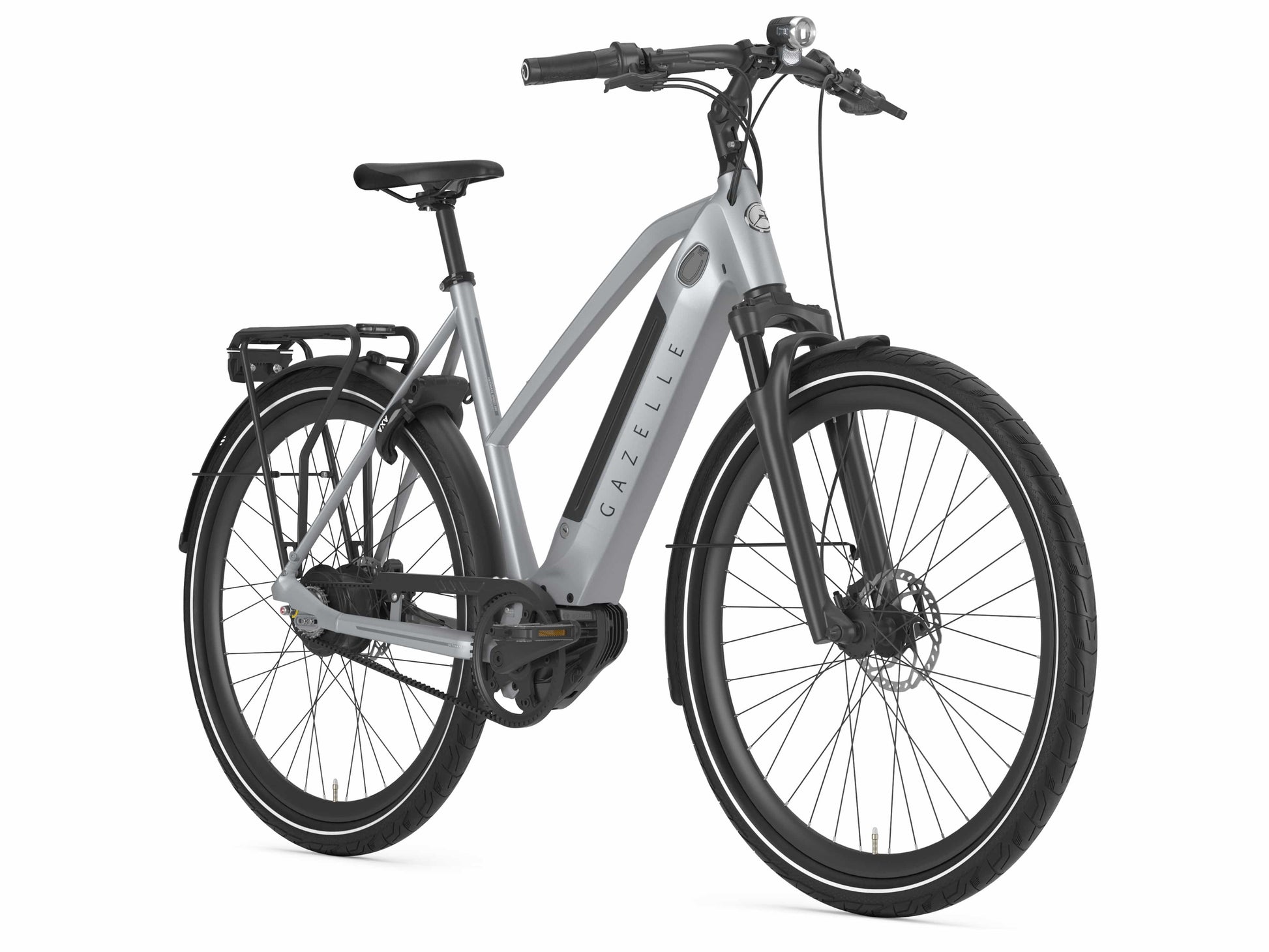 Gazelle Ultimate C380+ Mid step industry grey matte side and front view on Fly Rides