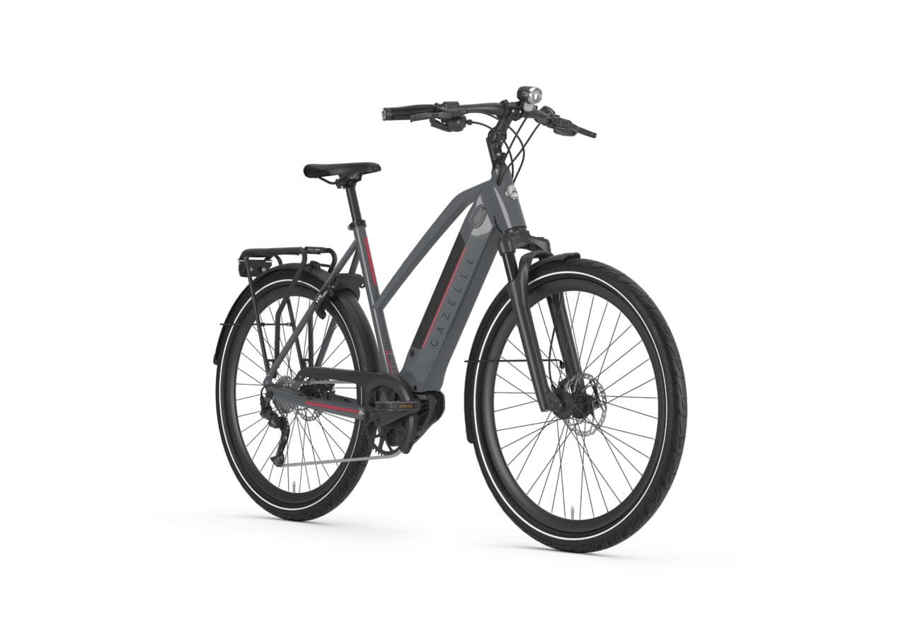 Gazelle Ultimate T10+ mid step dust gloss side and front view on Fly Rides
