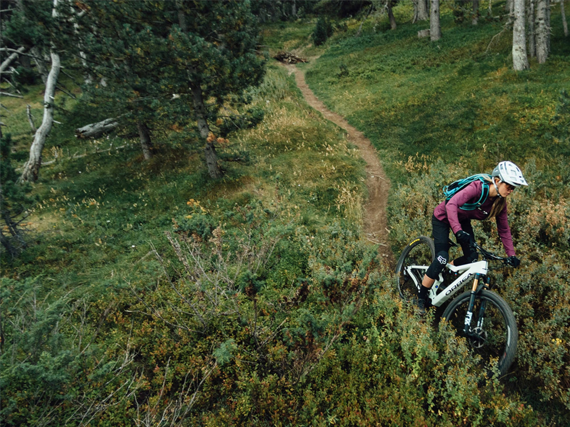 Orbea Rise SL H30 e-mountain bike action shot downhill