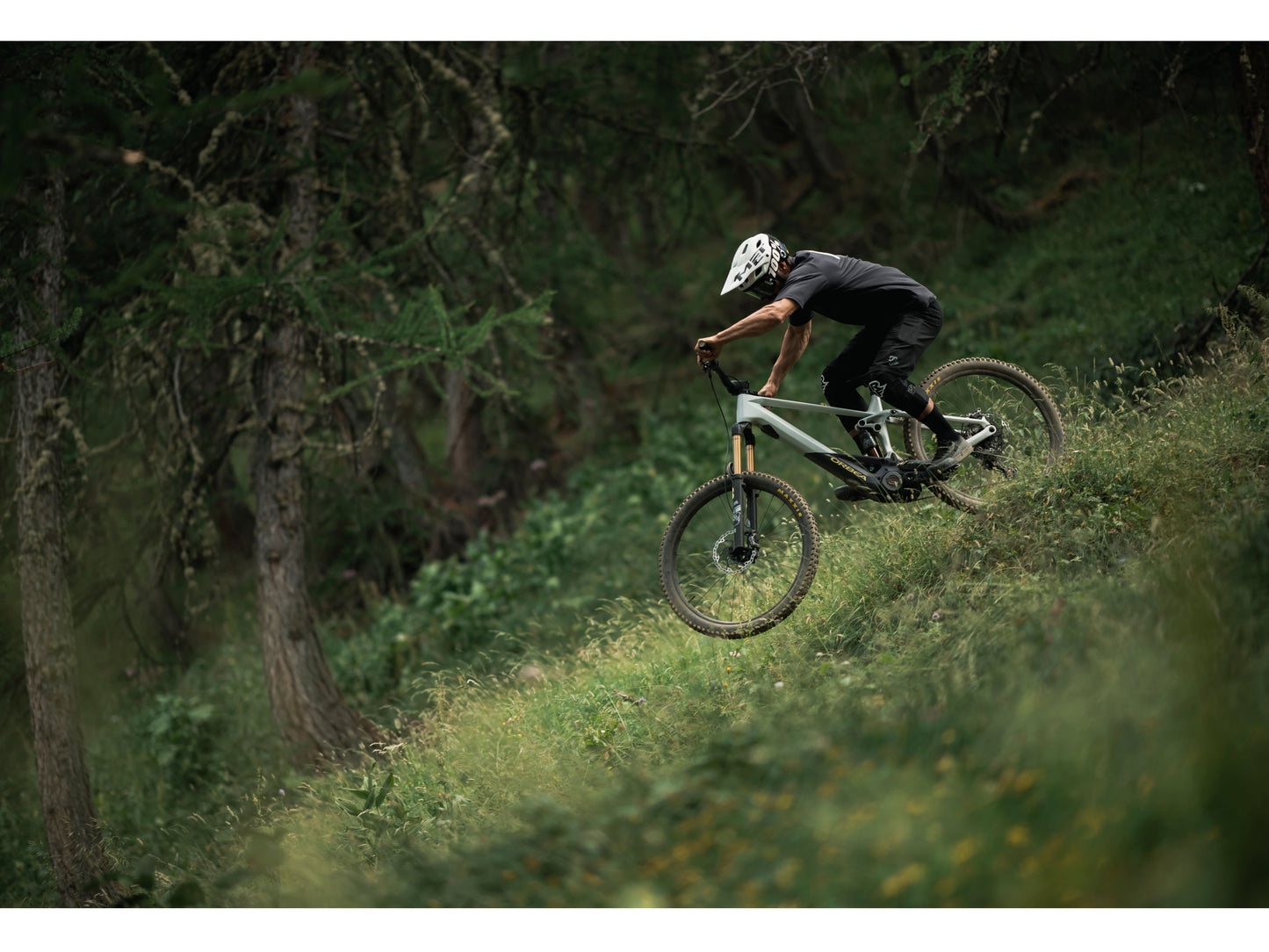 Orbea Wild M20 eMTB full suspension man downhill with forest in background