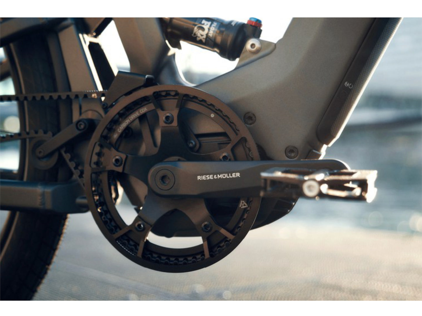 Riese and Muller Delite GT Touring eMTB full suspension close up crankset pedal motor cassette