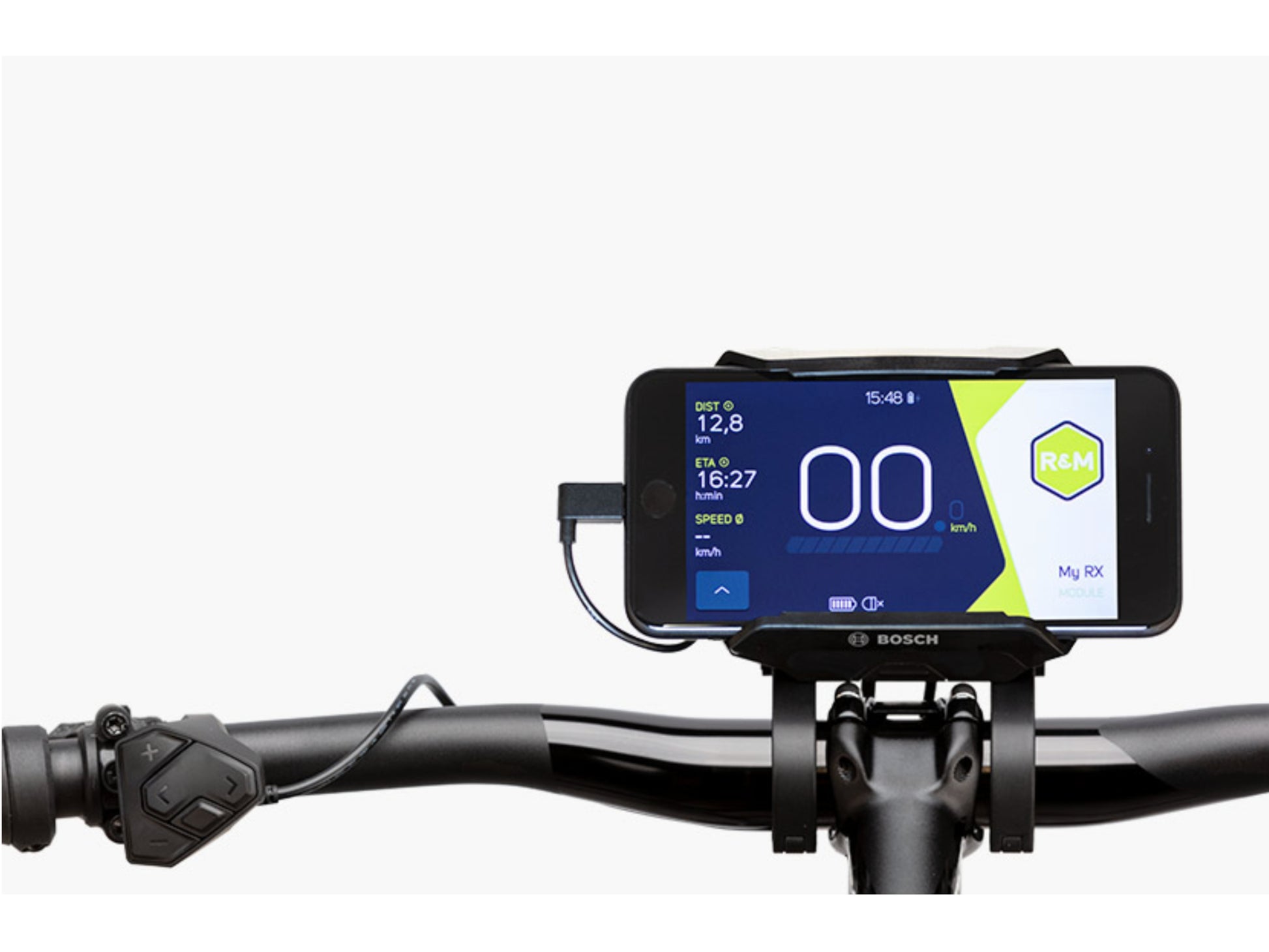 Riese and Muller Delite Mountain Touring eMTB full suspension close up smart phone hub cockpit