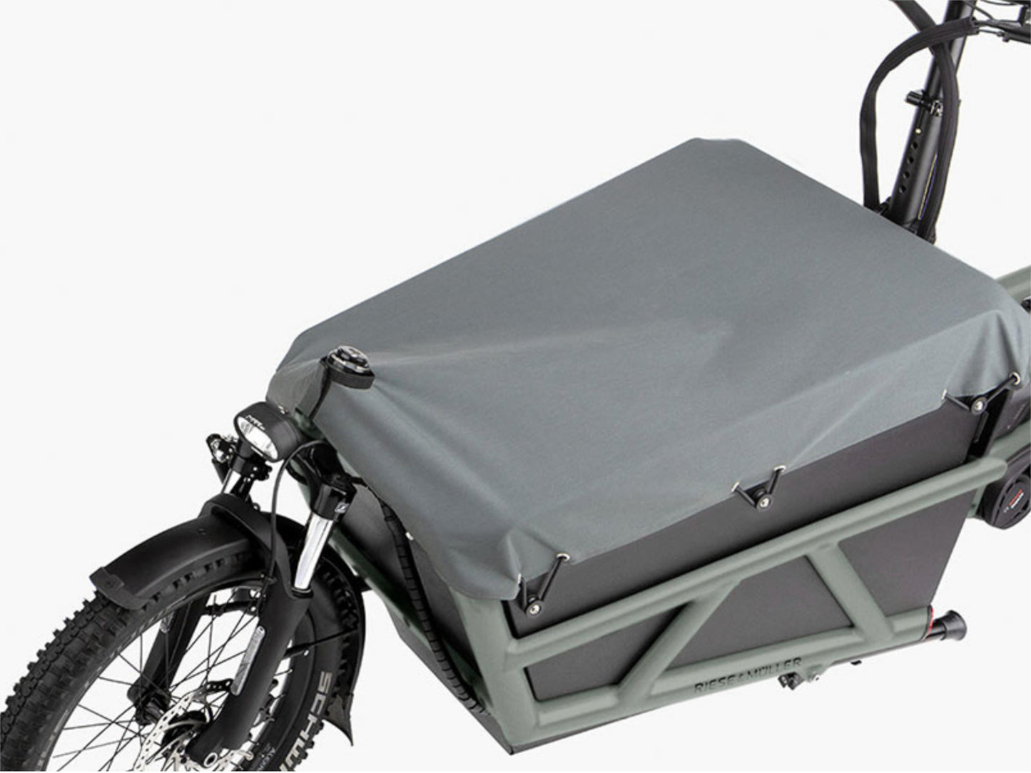 Riese & Muller Load4 60 Touring HS eMtb full suspension close up high sidewalls with tarp