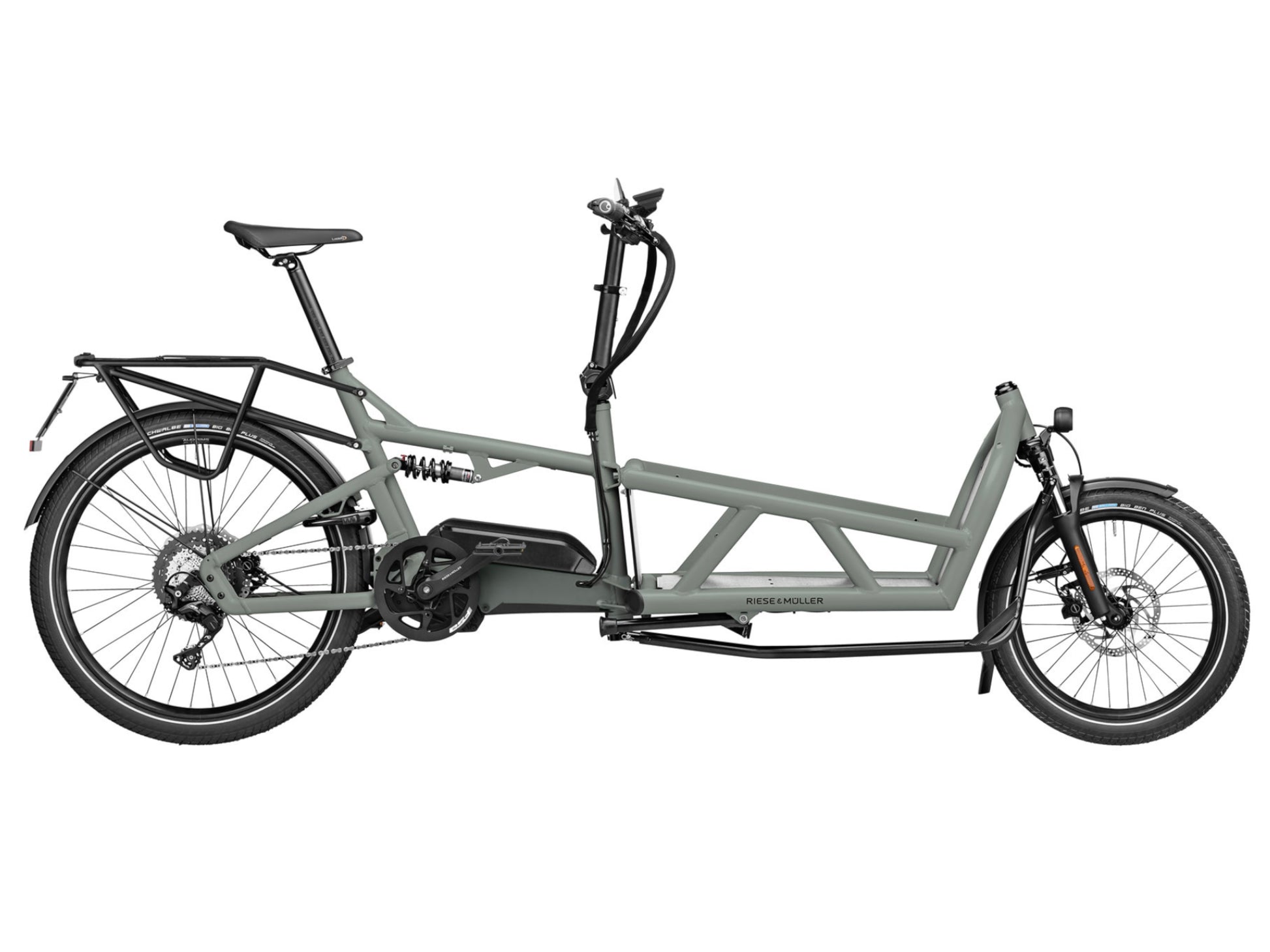 Riese & Muller Load4 60 Touring HS eMtb full suspension tundra grey side profile on Fly Rides