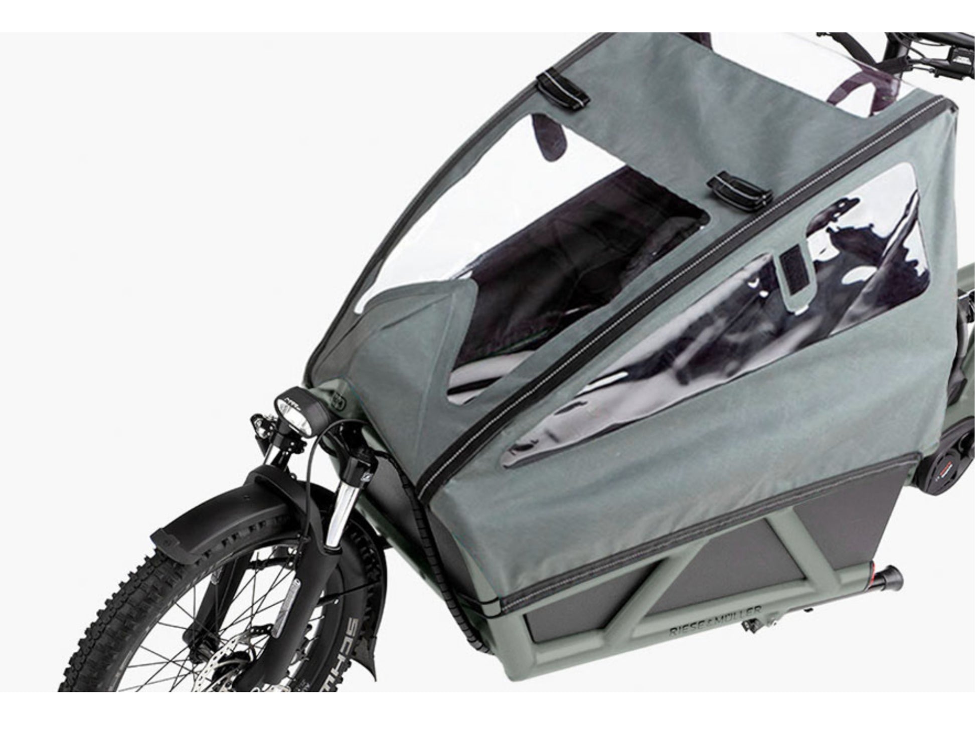 Riese & Muller Load4 60 Vario HS eMtb full suspension close up high sidewalls with child cover