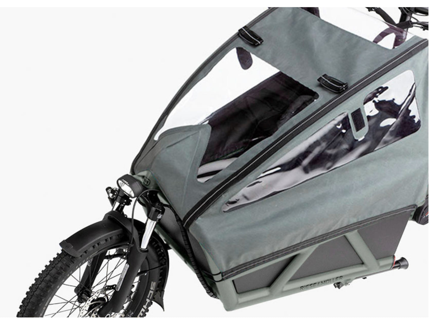Riese & Muller Load4 60 Vario HS eMtb full suspension close up low sidewalls with child cover