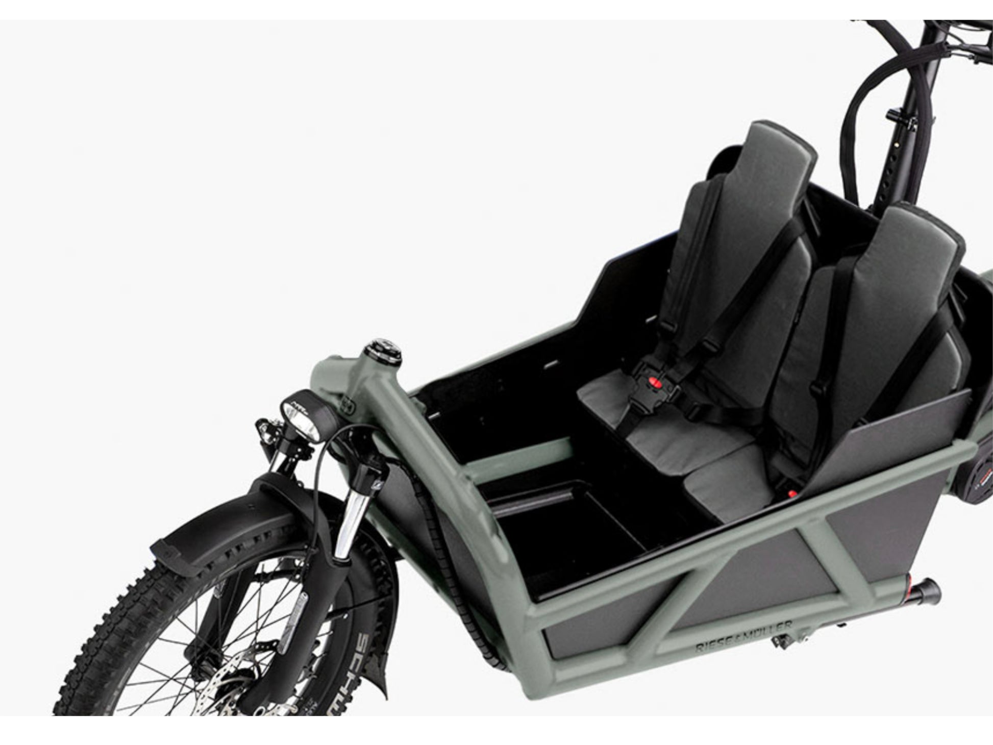Riese & Muller Load4 60 Vario HS eMtb full suspension close up two child seats footwell