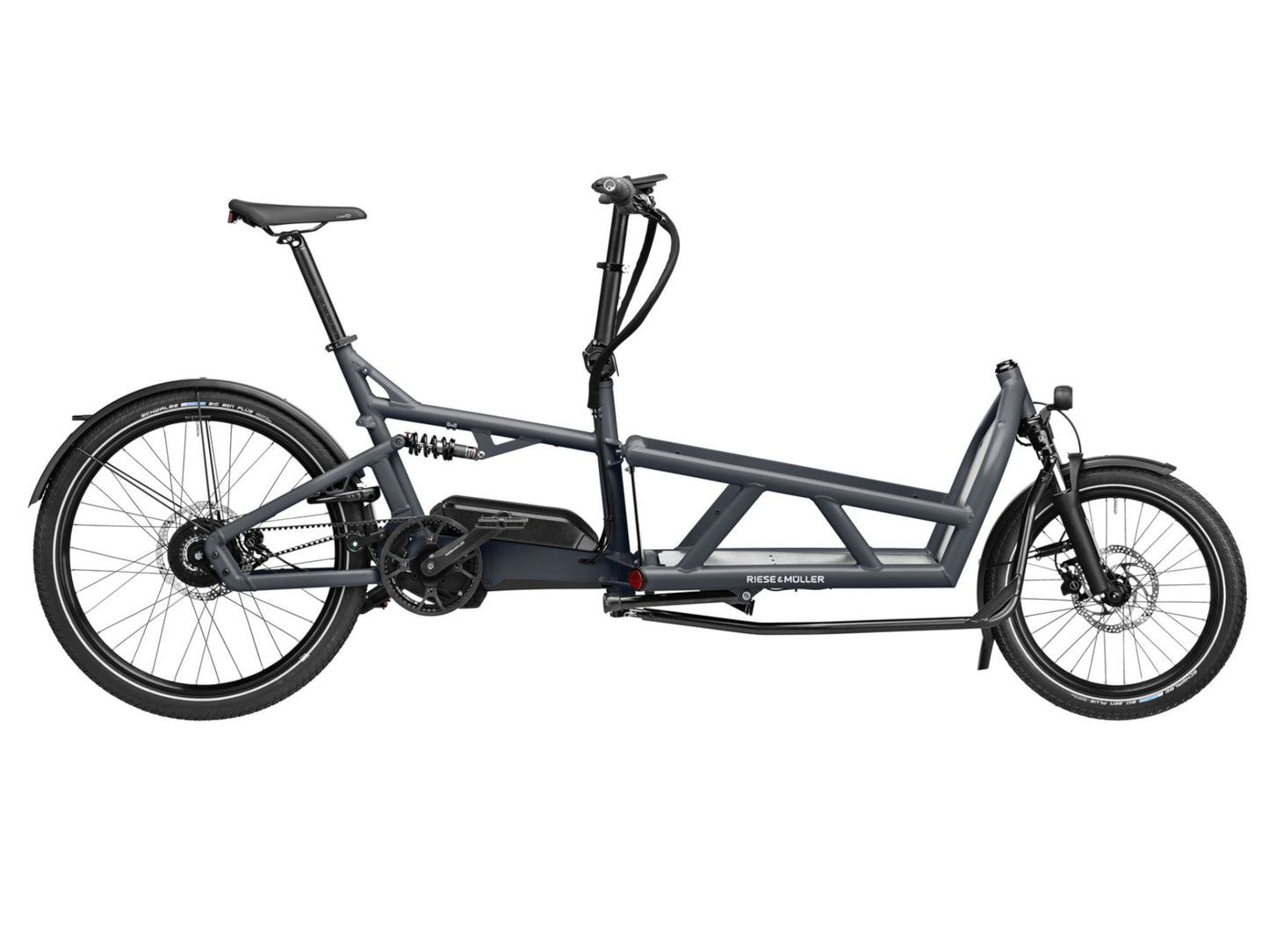 Riese & Muller Load4 60 Vario eMtb full suspension coal grey side profile on Fly Rides