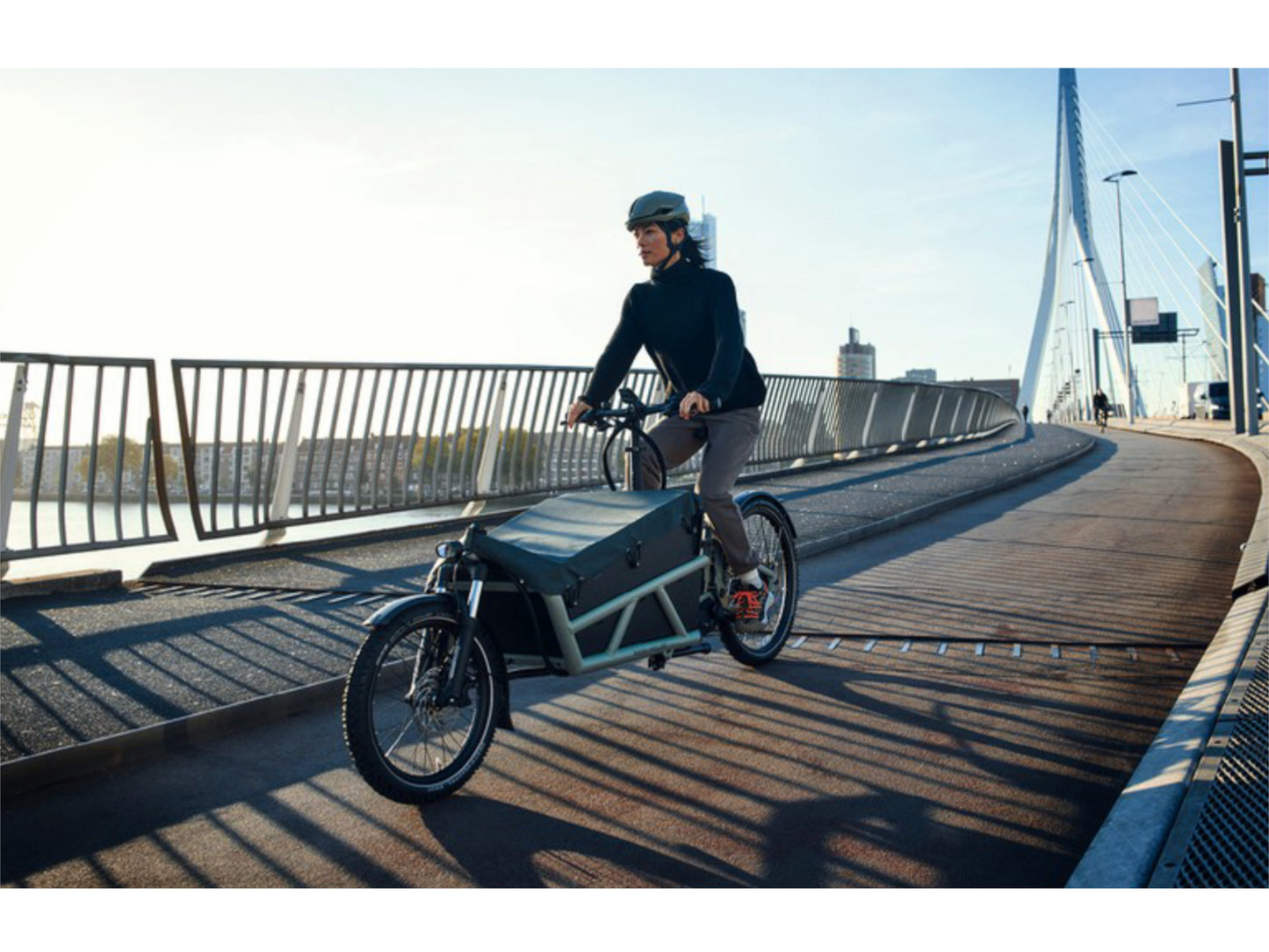 Riese & Muller Load4 60 Vario eMtb full suspension person riding across city bridge