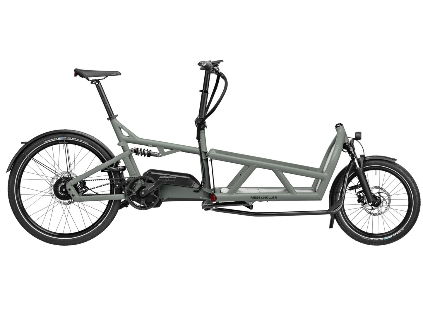 Riese & Muller Load4 60 Vario eMtb full suspension tundra grey side profile on Fly Rides