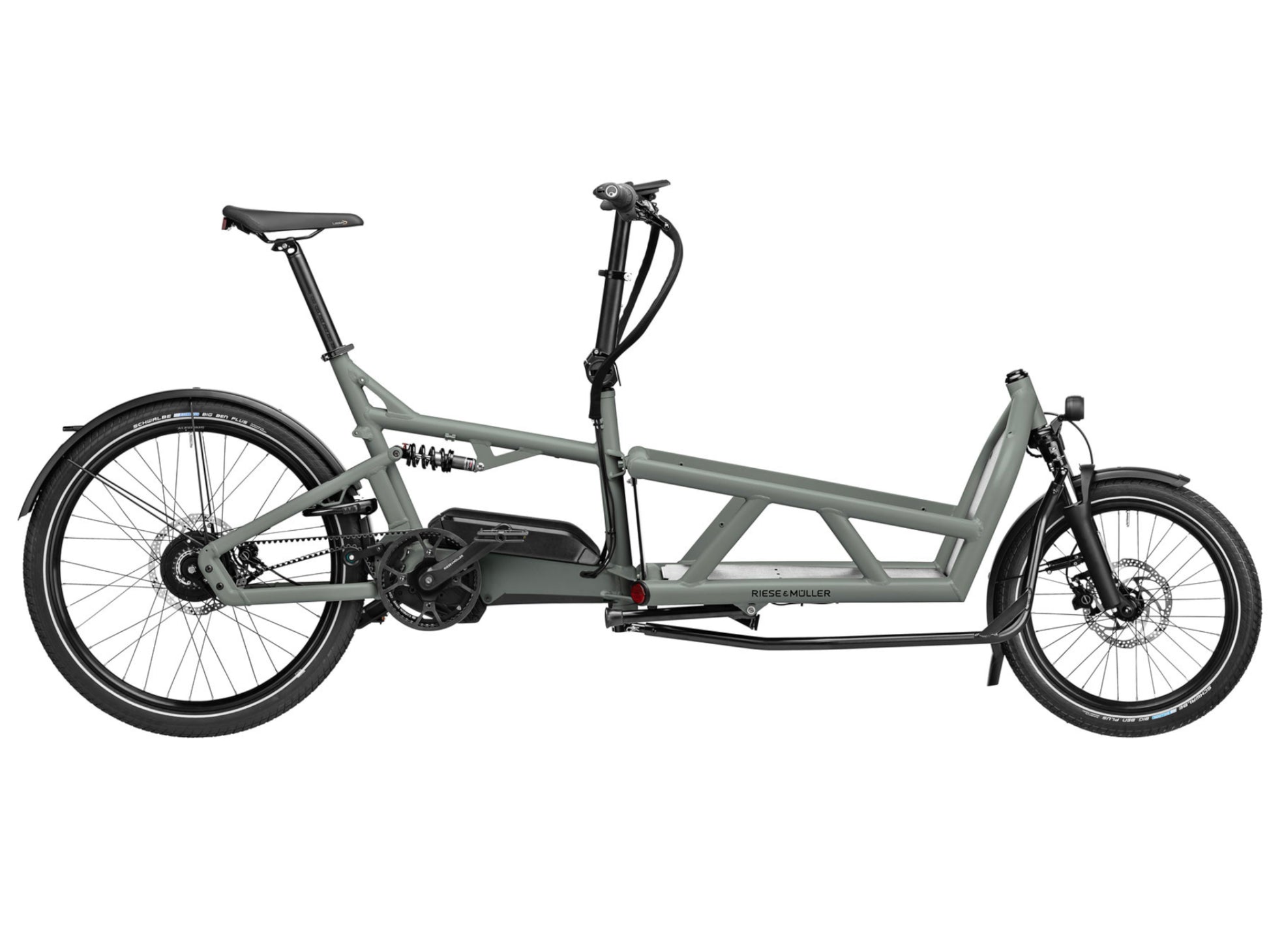 Riese & Muller Load4 60 Vario eMtb full suspension tundra grey side profile on Fly Rides