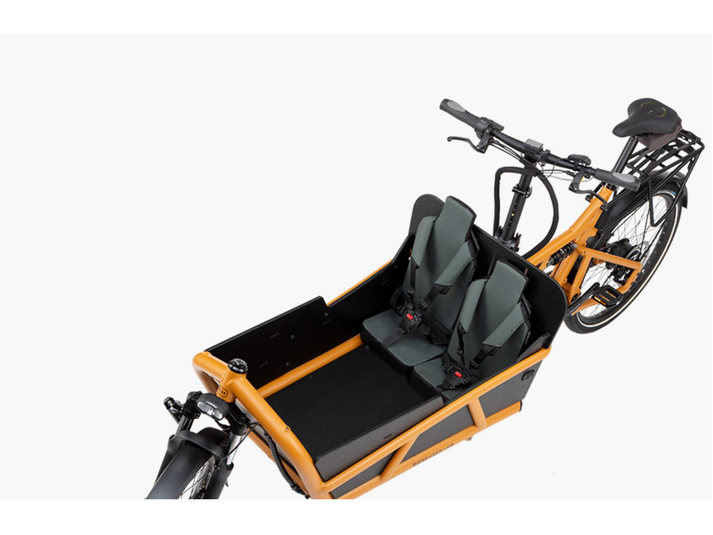 Riese & Muller Load4 75 Touring eMtb full suspension close up two child seats sidewalls