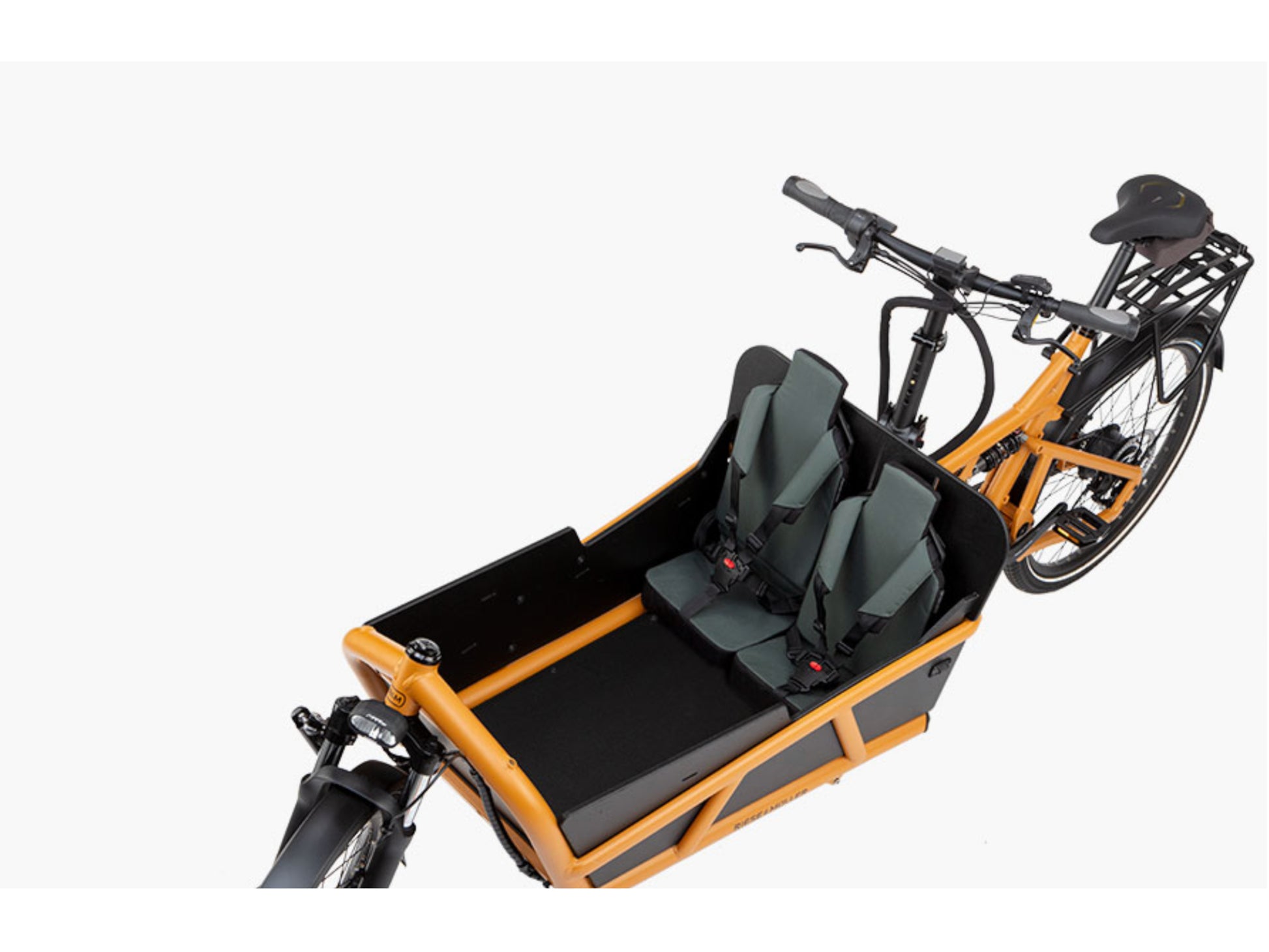 Riese & Muller Load4 75 Touring eMtb full suspension close up two child seats sidewalls