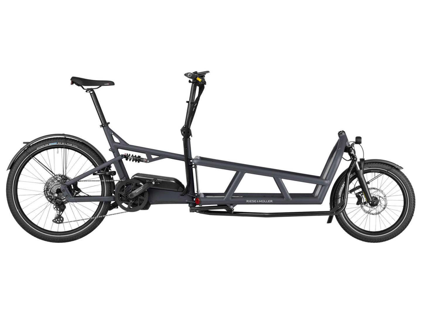Riese & Muller Load4 75 Touring eMtb full suspension coal grey side profile on Fly Rides