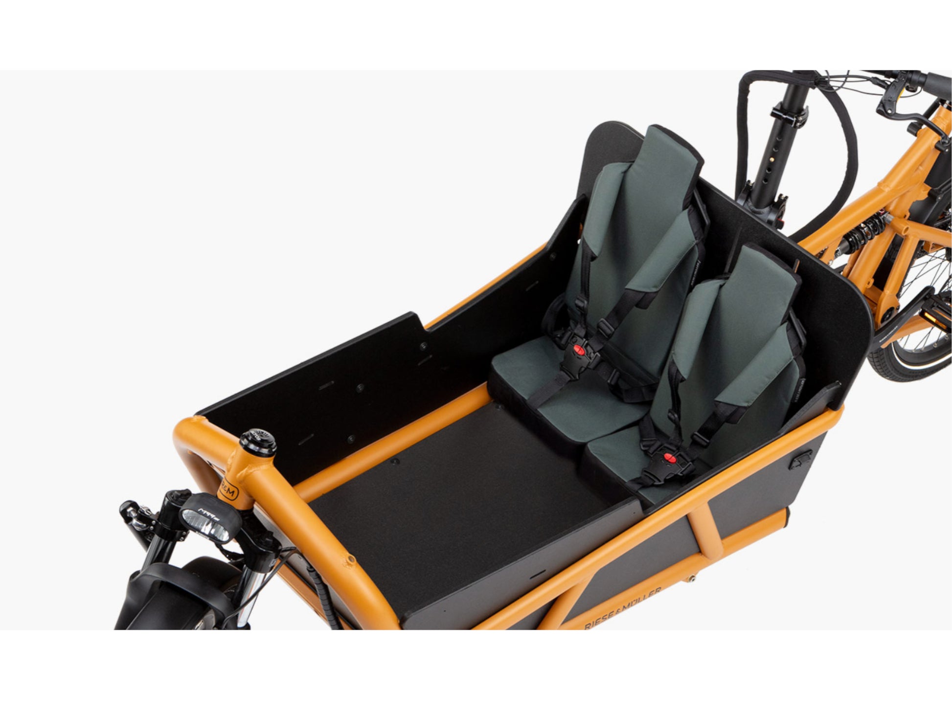 Riese & Muller Load4 75 Vario HS eMtb full suspension close up two child seats sidewalls