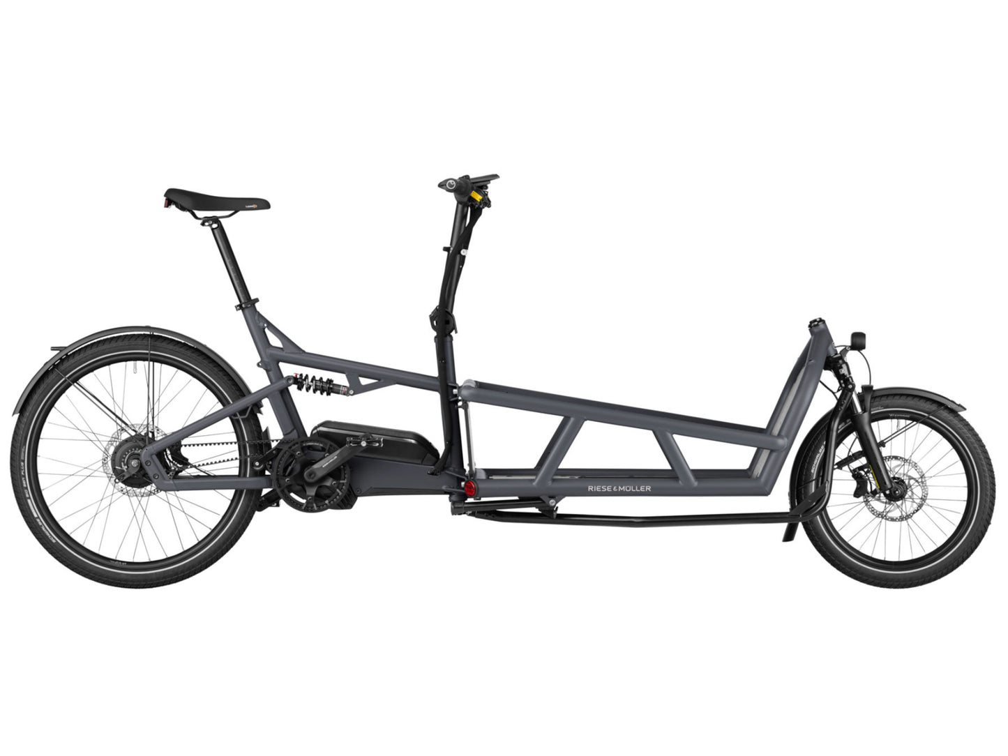 Riese & Muller Load4 75 Vario eMtb full suspension coal grey side profile on Fly Rides