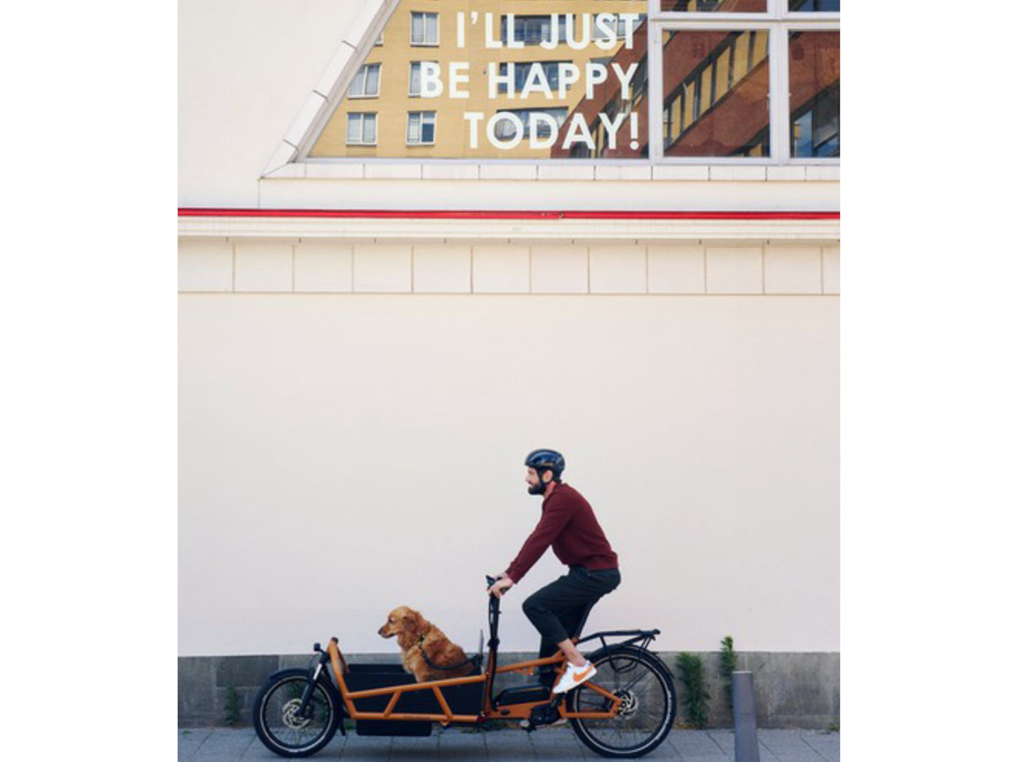 Riese & Muller Load4 75 Vario eMtb full suspension man & dog riding down city street.