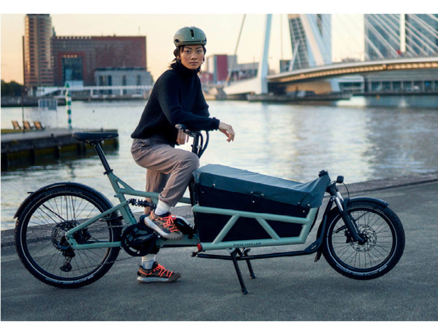 Riese & Muller Load 60 Cargo full suspension. Rider standing with bike docks in background