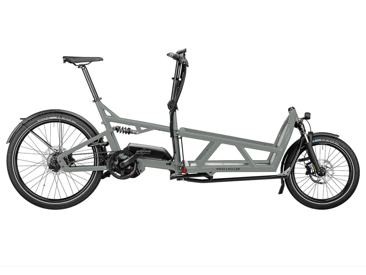 Riese and Muller Load 60 Rohloff eMTB full suspension tundra grey profile on Fly Rides