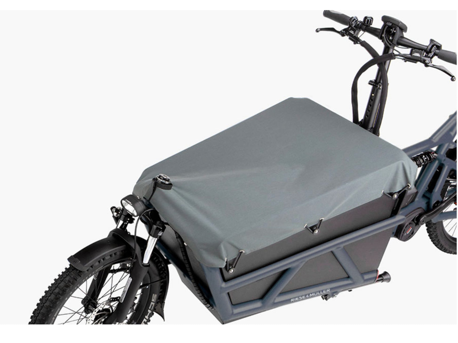 Riese and Muller Load 60 Touring HS eMTB full suspension closeup high sidewalls with tarpaulin option.