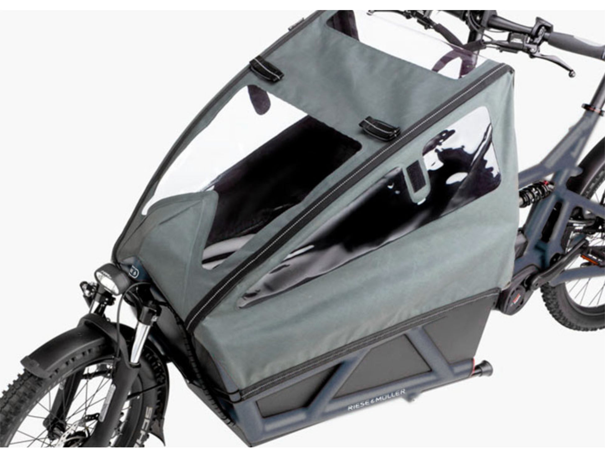 Riese and Muller Load 60 Touring eMTB full suspension closeup low sidewalls childseat cover
