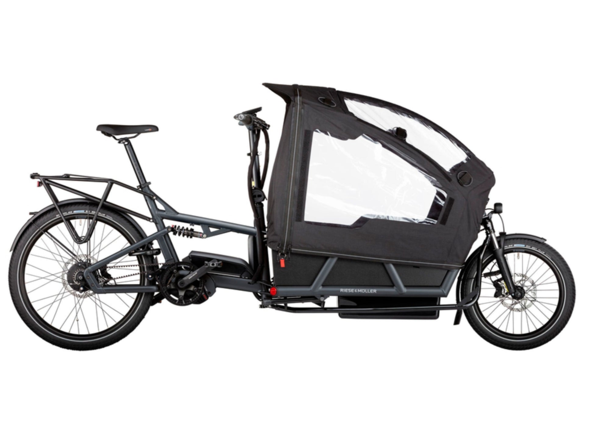 Riese and Muller Load 75 Rohloff eMTB full suspension Nyon Dual Battery carrier low sidewalls three child seats child cover options
