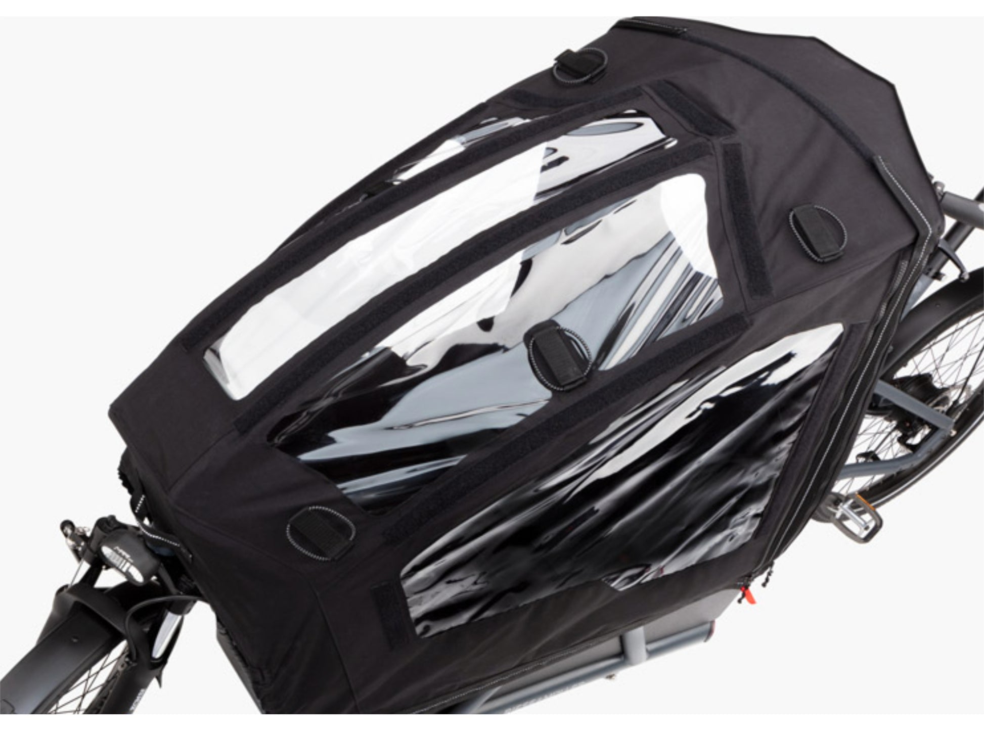 Riese and Muller Load 75 Touring eMTB full suspension closeup low sidewalls childseat cover