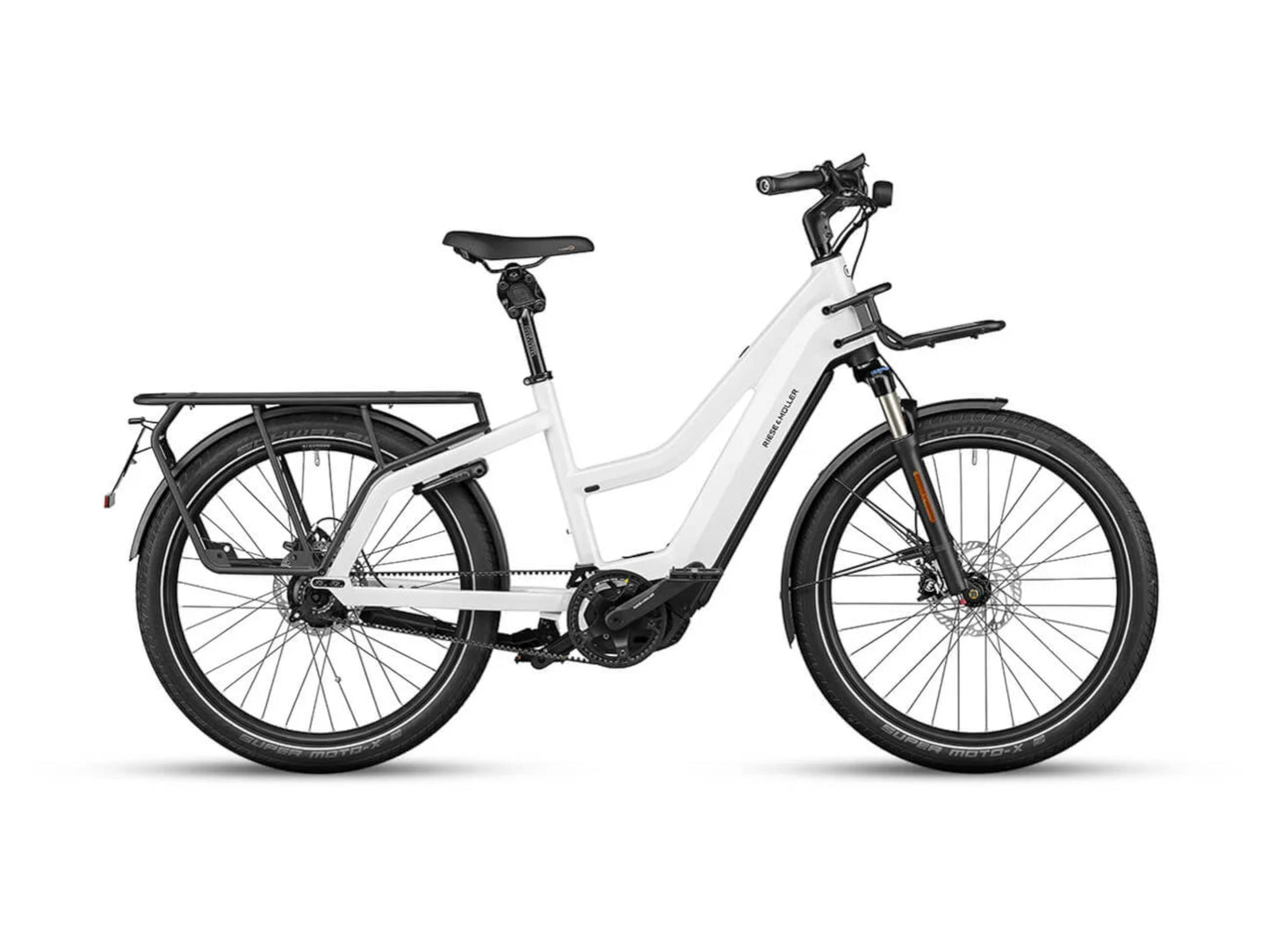 Riese and Muller Multicharger Mixte GT Rohloff HS emtb hardtail pearl white side profile on Fly Rides