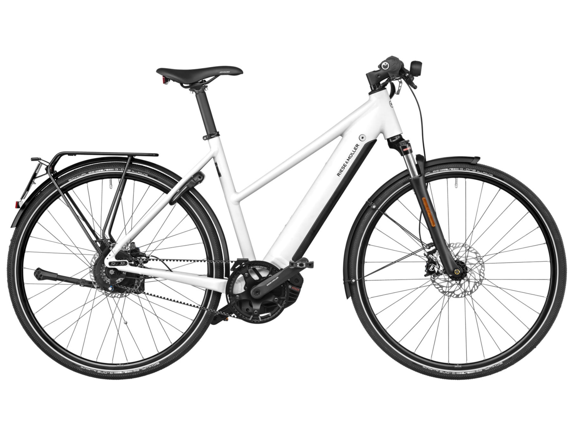 Riese and Muller Roadster Mixte Vario HS eMTB hardtail crystal white profile on Fly Rides