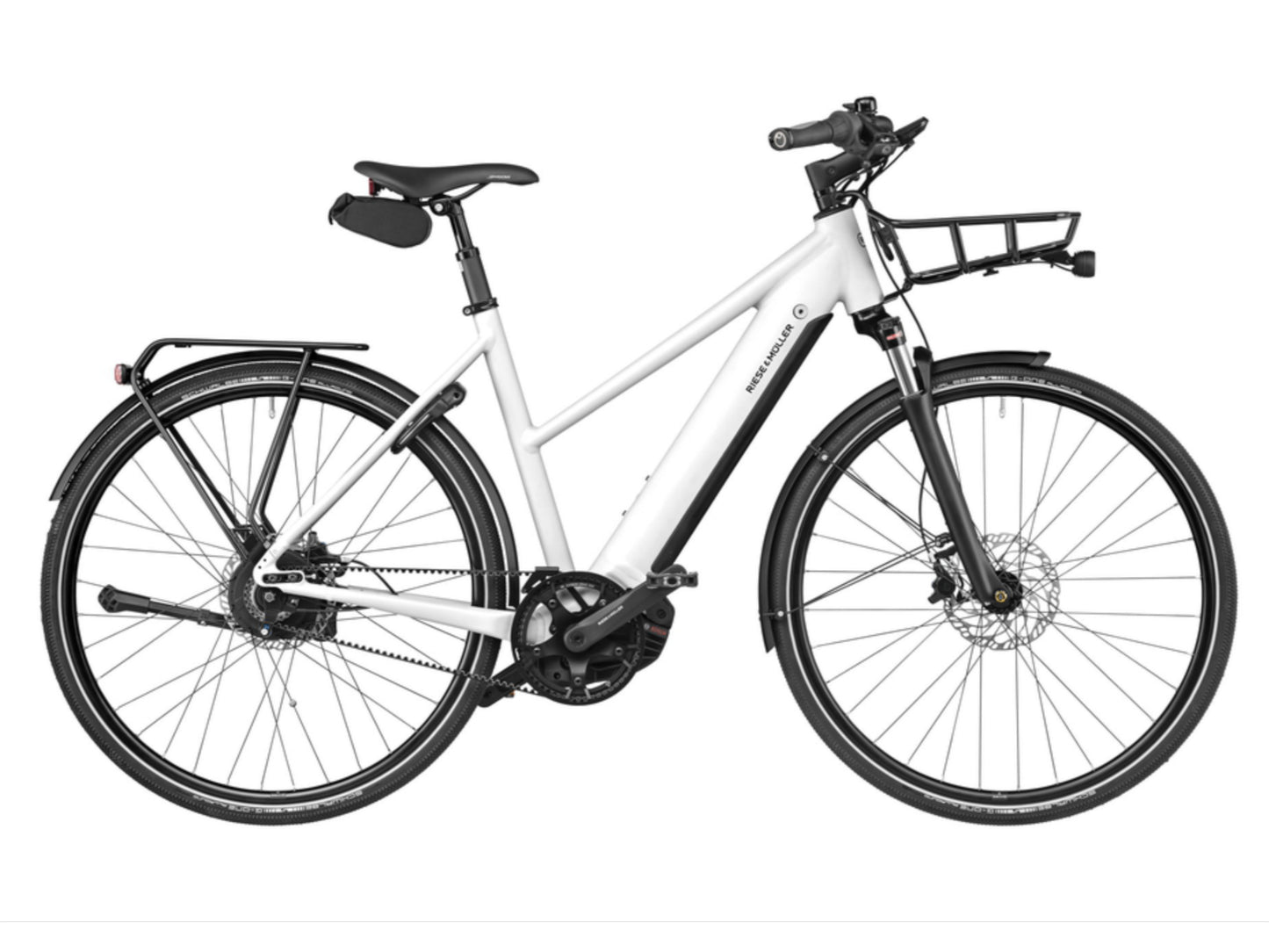 Riese and Muller Roadster Mixte Vario eMTB hardtail crystal white side profile with front carrier on Fly Rides