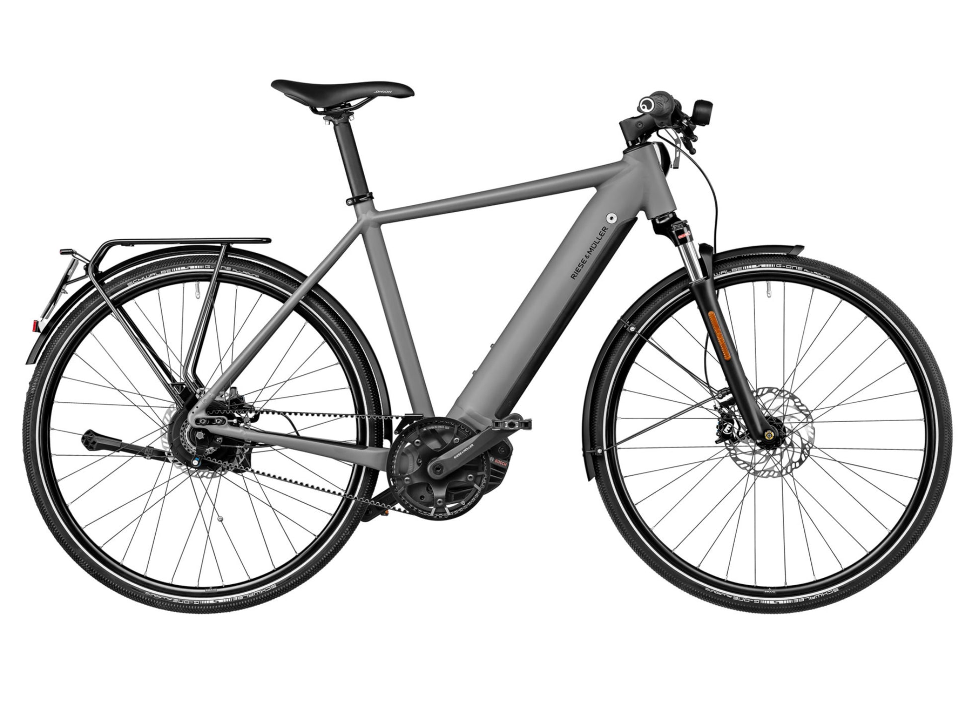 Riese and Muller Roadster Vario HS eMTB hardtail grey side profile on Fly Rides