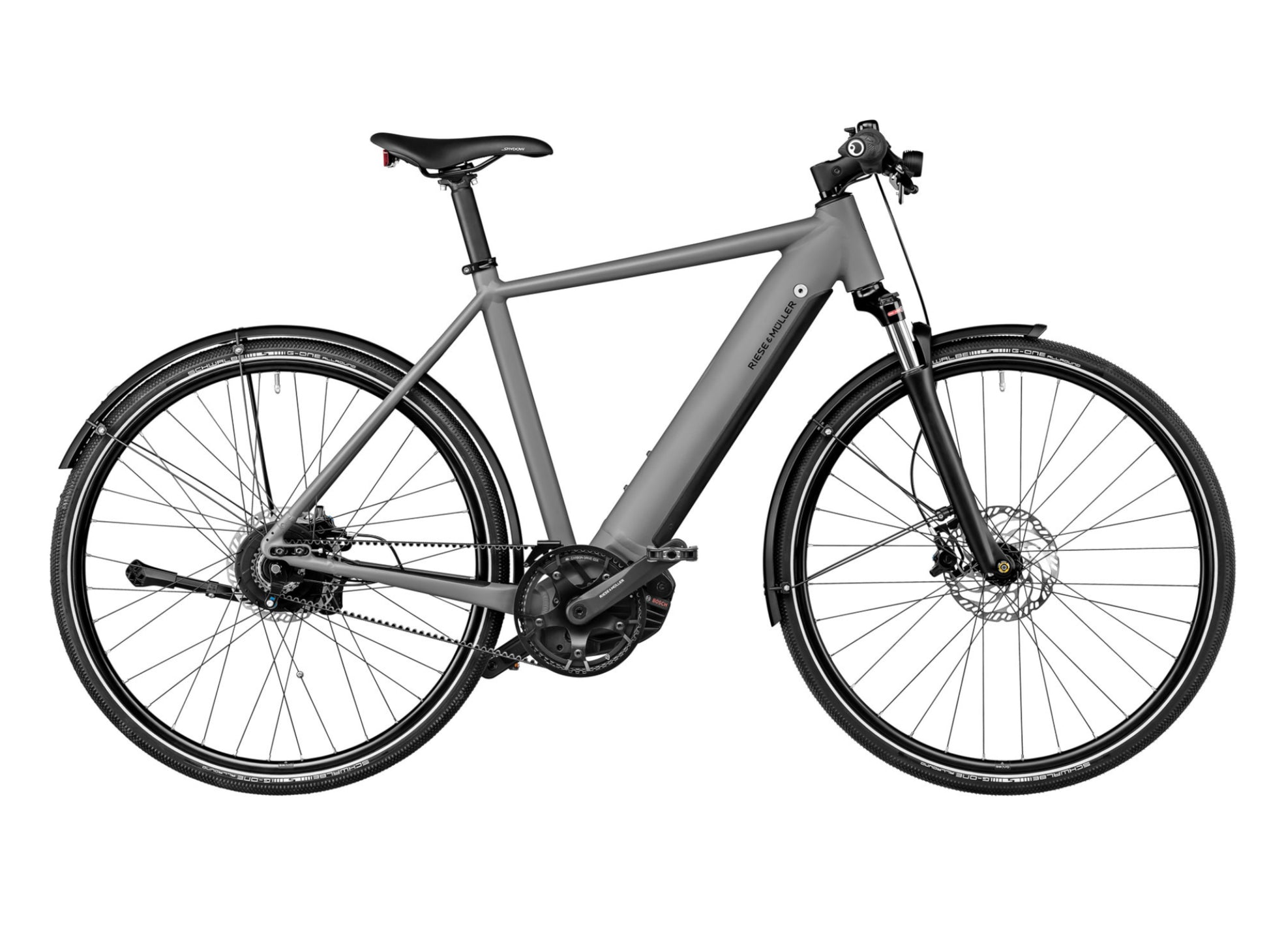 Riese and Muller Roadster Vario eMTB hardtail grey side profile on Fly Rides